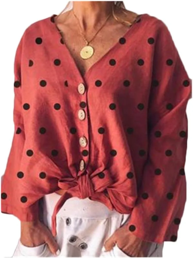 CYRong بلوز زنانه آستین بلند طرح خال خالی یقه هفت دکمه دار گره ای جلو (قرمز، XL)