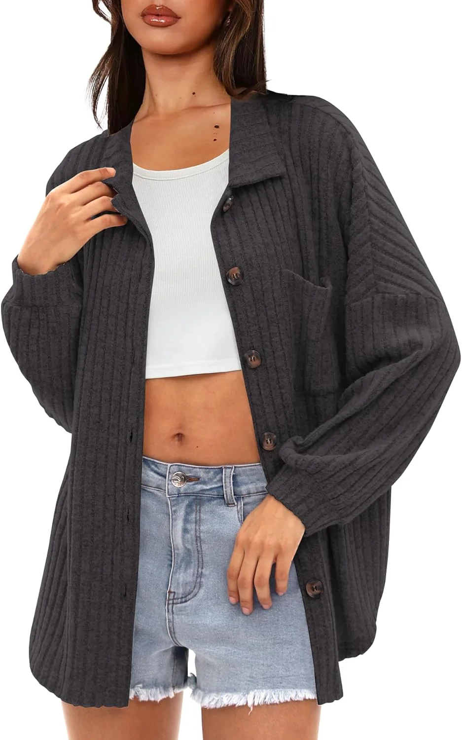 شاکت زنانه دارونگ، آستین خفاشی گشاد، بافت دنده ای، دکمه دار، مدل دوست پسر