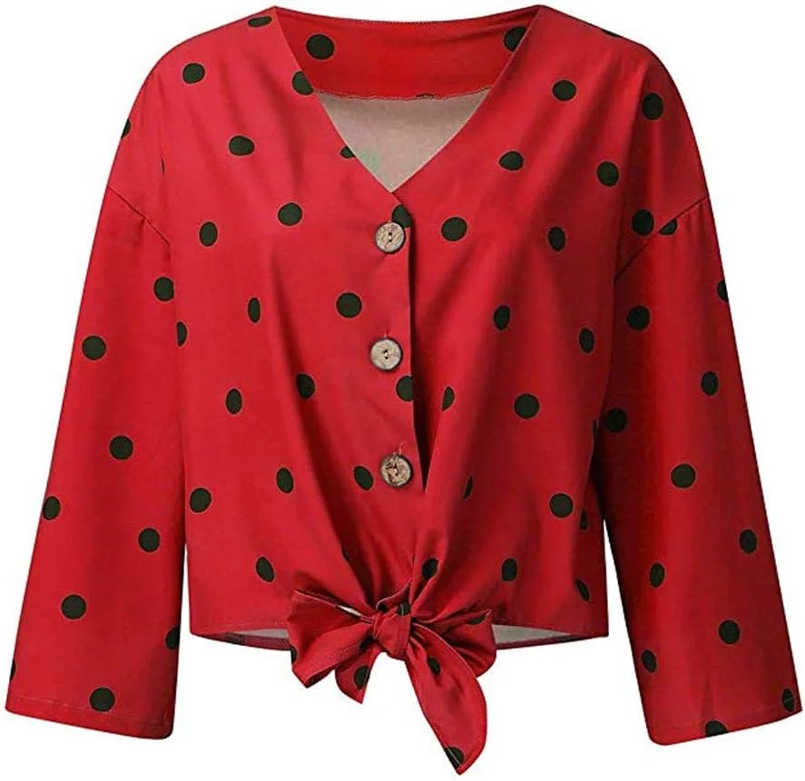 CYRong بلوز زنانه آستین بلند طرح خال خالی یقه هفت دکمه دار گره ای جلو (قرمز، XL)