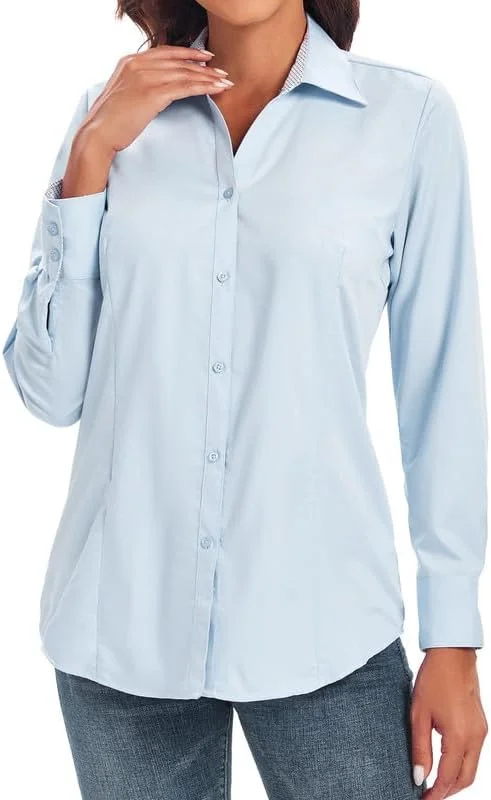 پیراهن دکمه دار زنانه Damipow، آستین بلند، مدل کلاسیک، ضد چروک، یقه هفت، مناسب کار، آبی، M