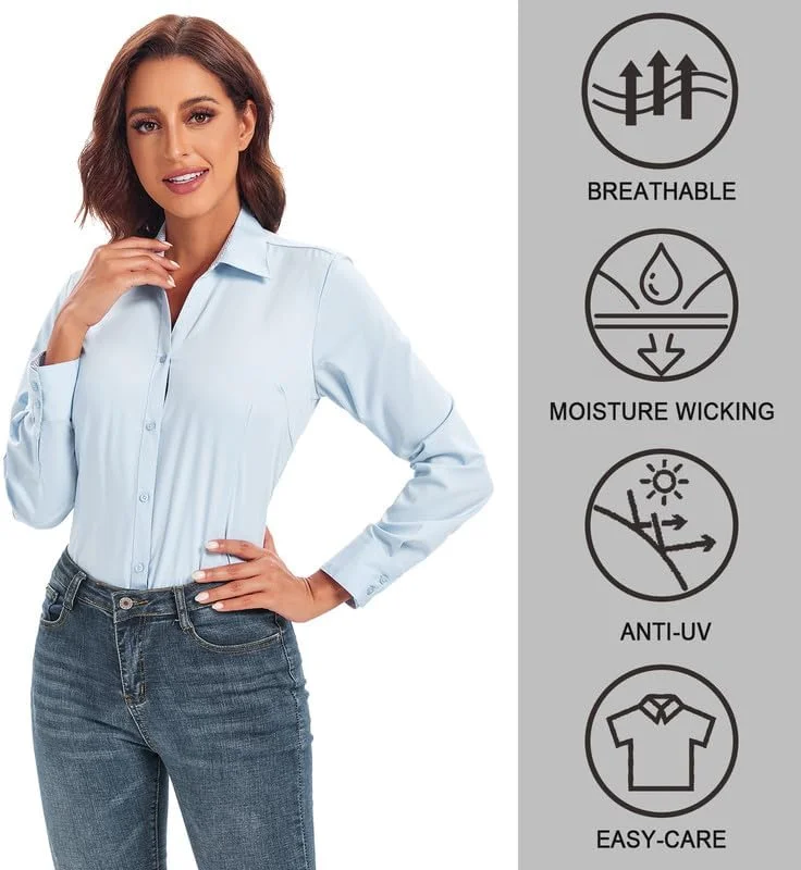 پیراهن دکمه دار زنانه Damipow، آستین بلند، مدل کلاسیک، ضد چروک، یقه هفت، مناسب کار، آبی، M