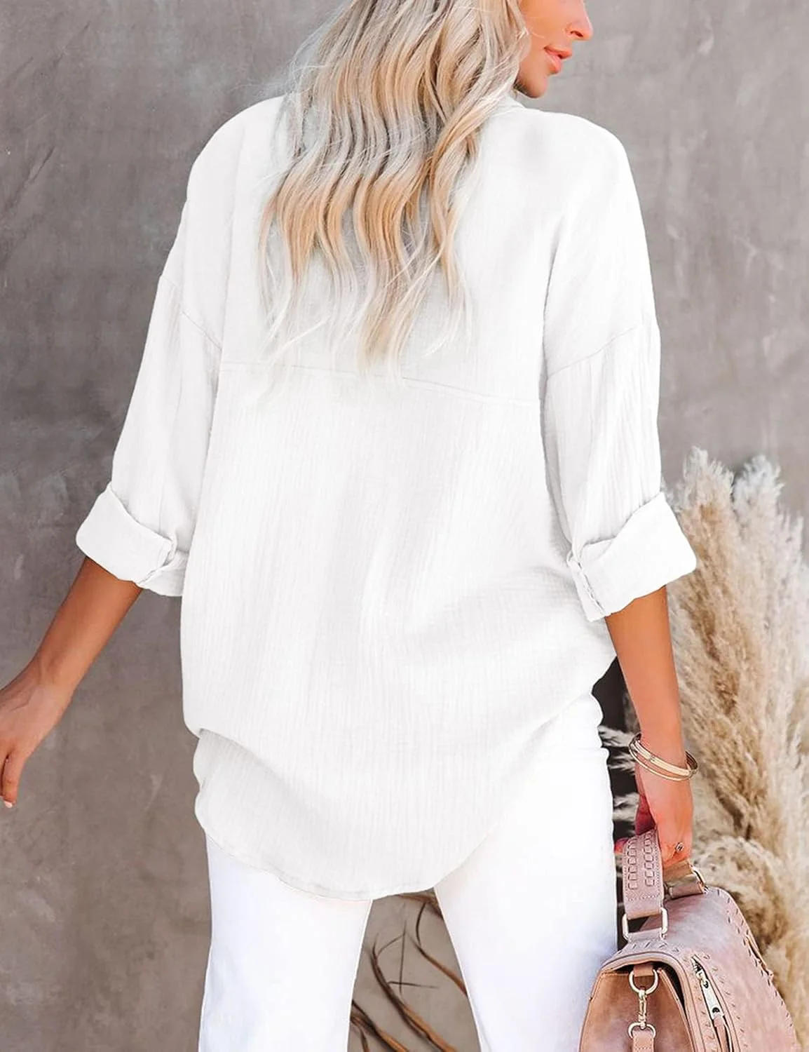 Davenil بلوز زنانه دکمه دار یقه هفت آستین بلند، جنس لینن نخی، مدل آزاد و راحت با جیب روی سینه، سفید، XXL