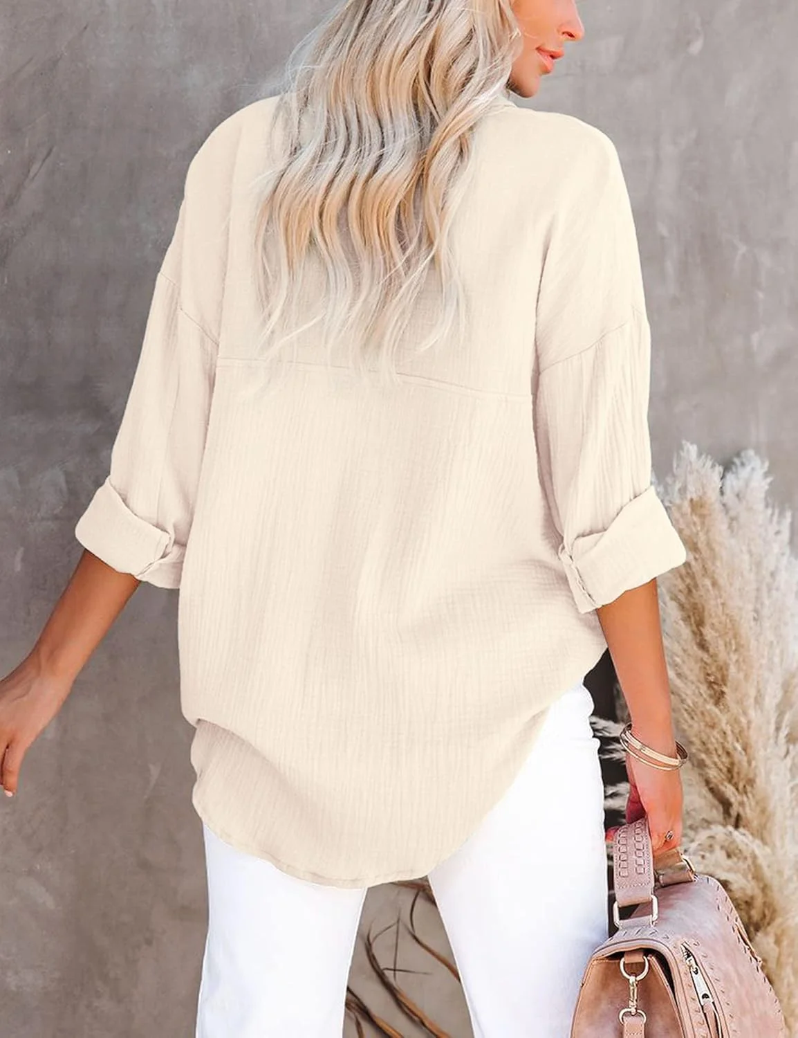 پیراهن زنانه دکمه دار Davenil، یقه هفت، آستین بلند، بلوز نخی و کتان، مدل آزاد و راحت، دارای جیب روی سینه، بژ، سایز M