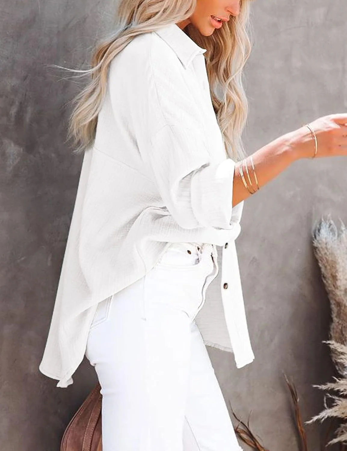 Davenil بلوز زنانه دکمه دار یقه هفت آستین بلند، جنس لینن نخی، مدل آزاد و راحت با جیب روی سینه، سفید، XXL