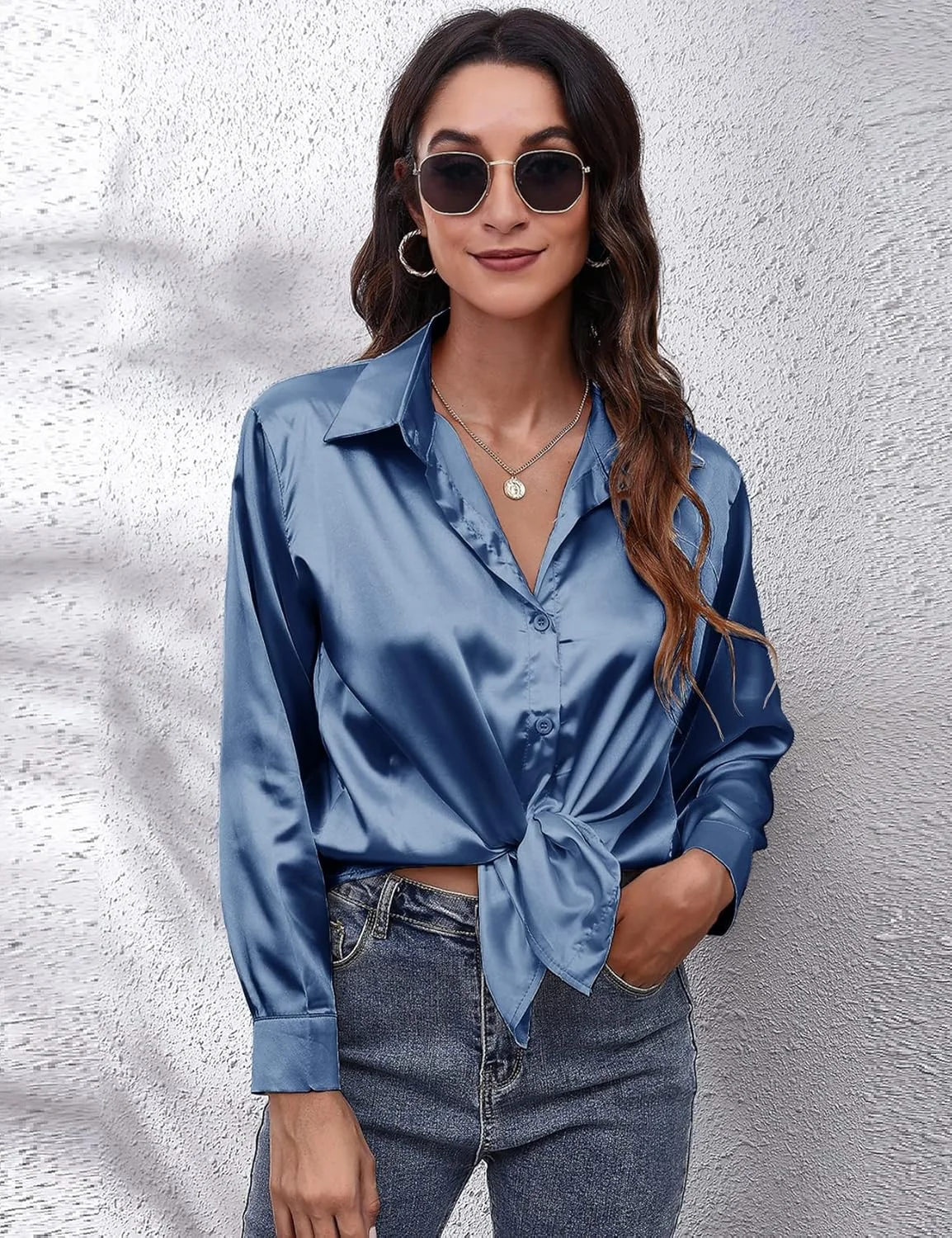 سایکلامن پیراهن زنانه ساتن دکمه دار، بلوز ابریشمی مجلسی آستین بلند