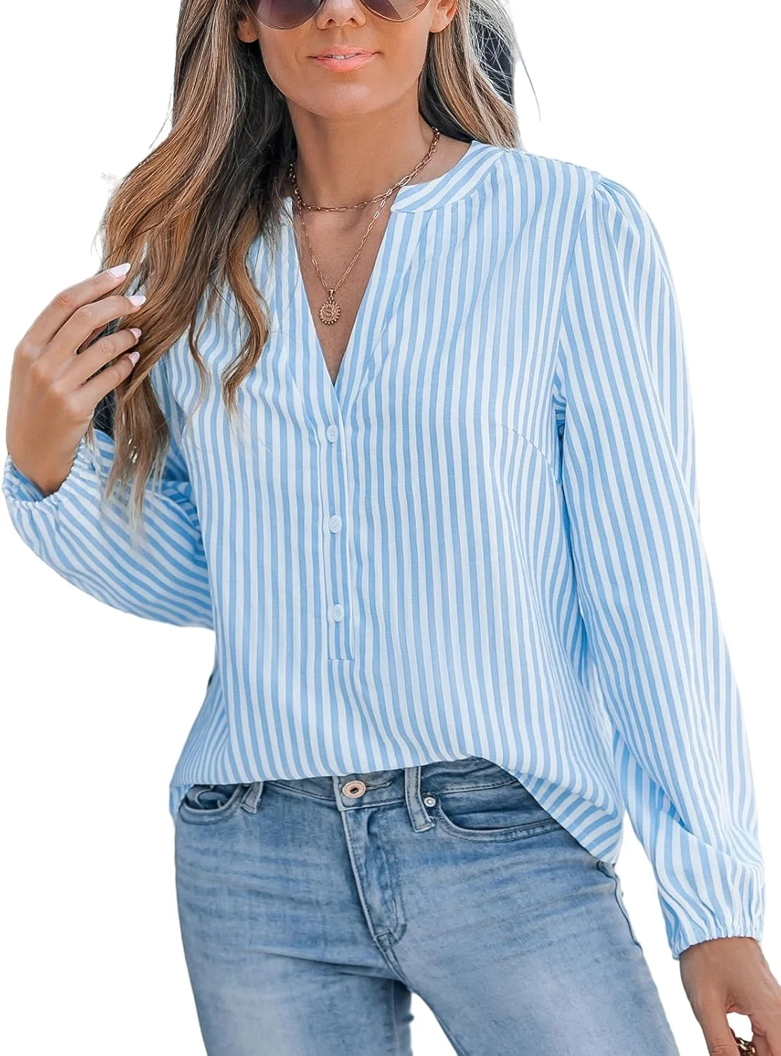 بلوز زنانه راه راه آستین بلند CUPSHE دکمه دار مناسب کار، اداره، استایل کژوال و رسمی