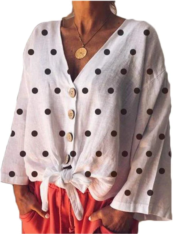 CYRong بلوز زنانه یقه هفت دکمه دار آستین بلند طرح خال خالی