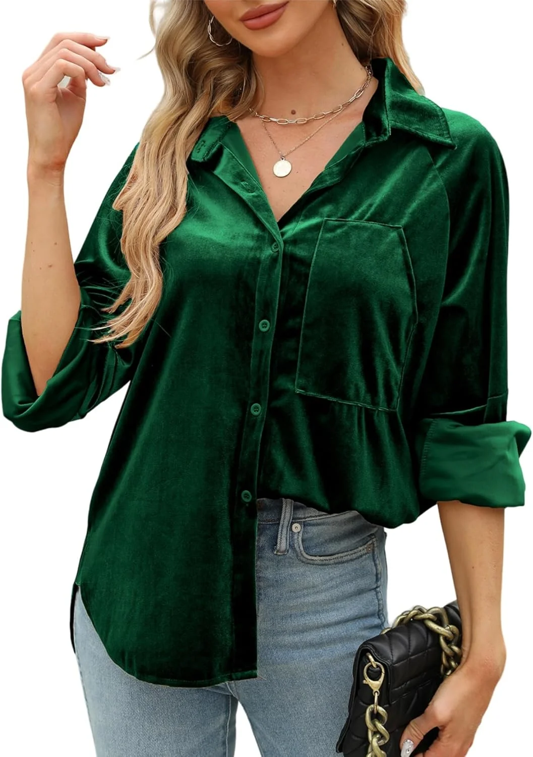 CYLADY پیراهن های مخملی زنانه، مدل بزرگ، یقه هفت، دکمه دار، آستین بلند، بلوز های مخملی وینتیج