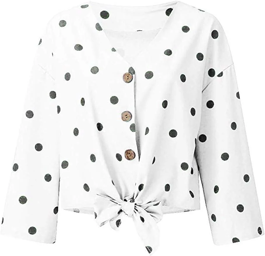 CYRong بلوز زنانه یقه هفت دکمه دار آستین بلند طرح خال خالی