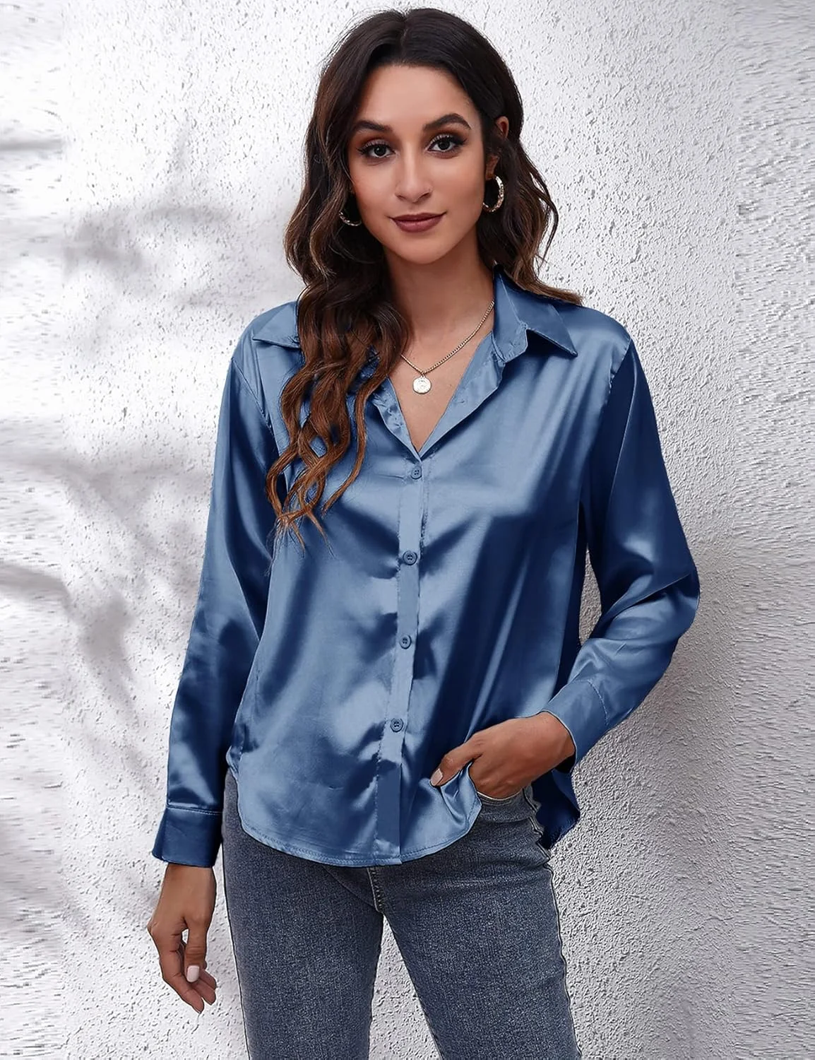 سایکلامن پیراهن زنانه ساتن دکمه دار، بلوز ابریشمی مجلسی آستین بلند