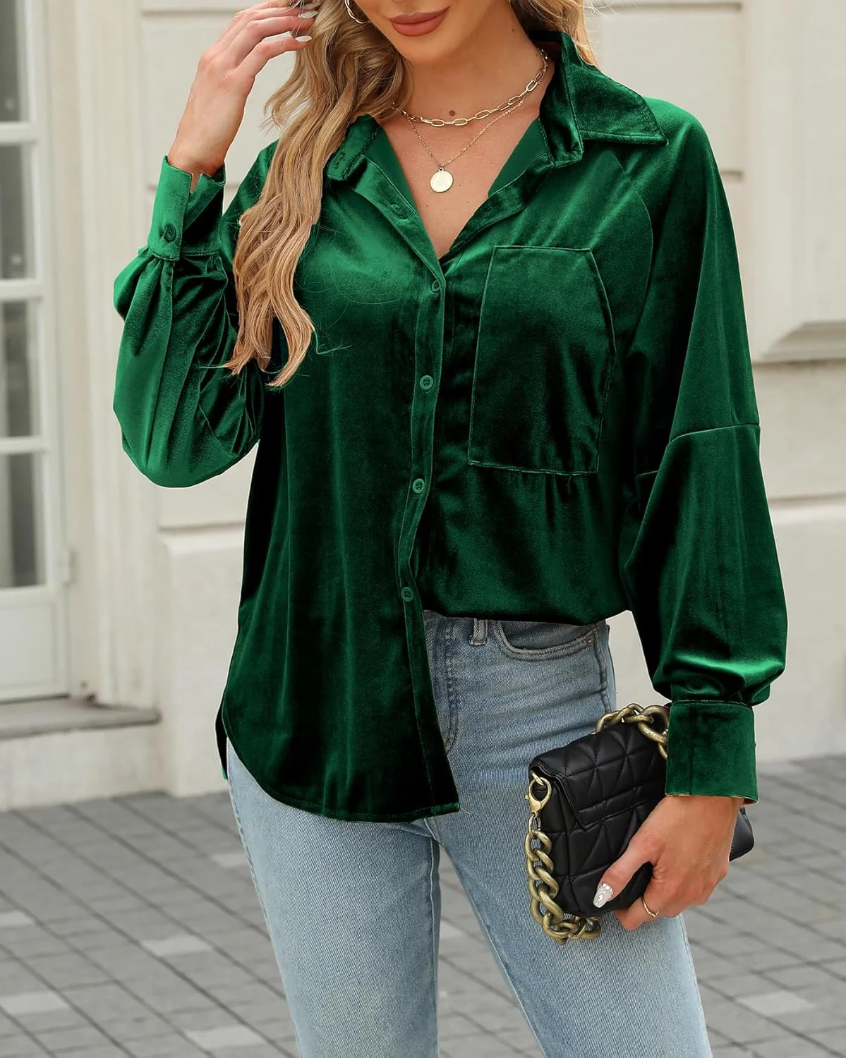 CYLADY پیراهن های مخملی زنانه، مدل بزرگ، یقه هفت، دکمه دار، آستین بلند، بلوز های مخملی وینتیج