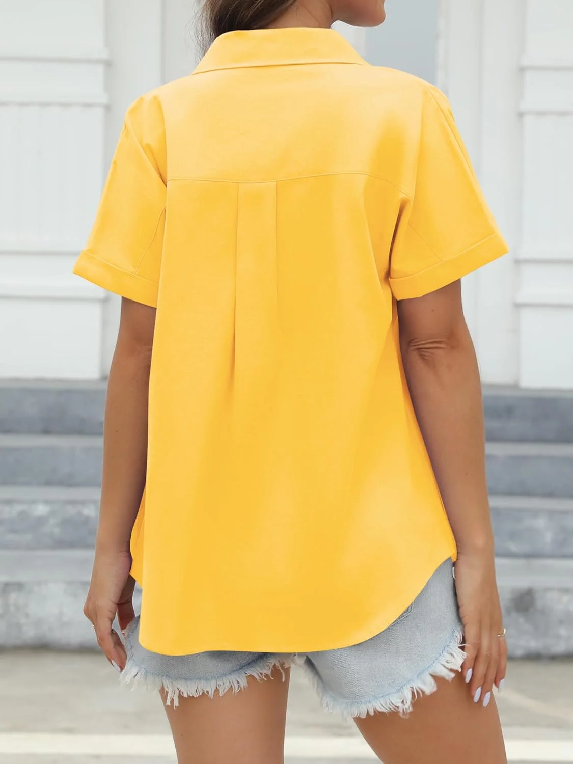 بلوز آستین کوتاه زنانه CUNLIN، 100% پنبه، دکمه دار، مناسب تابستان، با جیب، طلایی