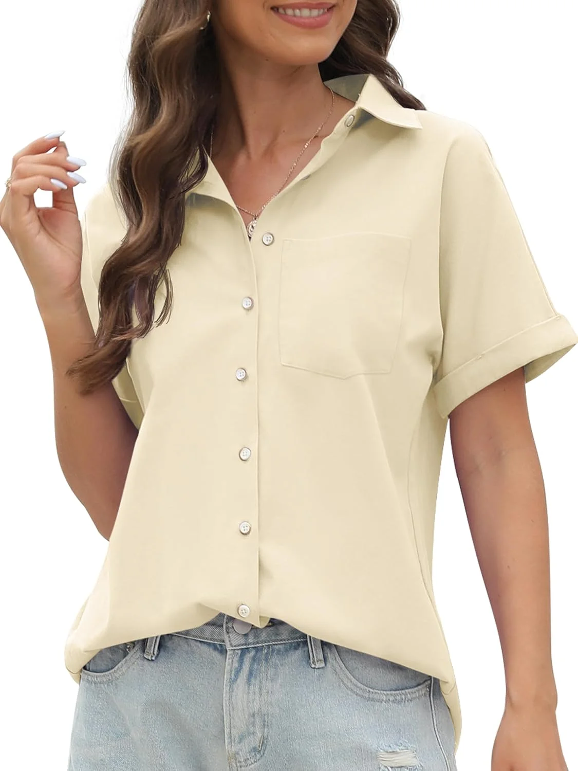 پیراهن آستین کوتاه نخی زنانه CUNLIN، بلوز دکمه دار زنانه، تاپ های تابستانی غیر رسمی با جیب، رنگ زردآلویی سفید