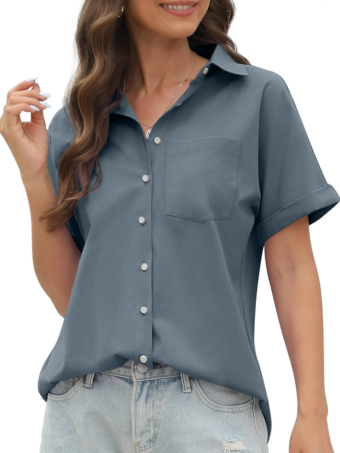پیراهن آستین کوتاه زنانه CUNLIN، 100% پنبه، دکمه دار، بلوز زنانه، تاپ های غیر رسمی تابستانی با جیب، آبی خاکستری