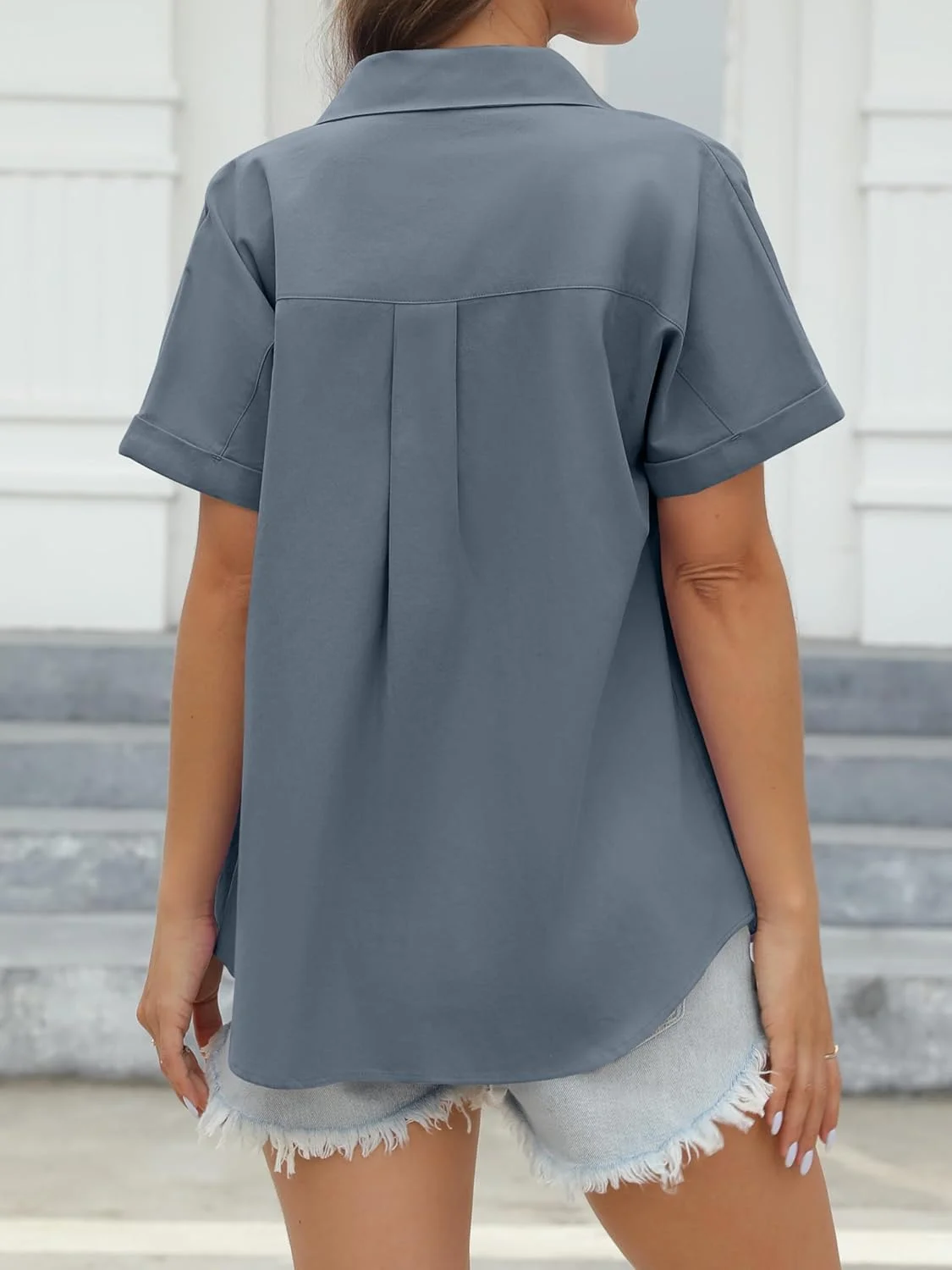 پیراهن آستین کوتاه زنانه CUNLIN، 100% پنبه، دکمه دار، بلوز زنانه، تاپ های غیر رسمی تابستانی با جیب، آبی خاکستری