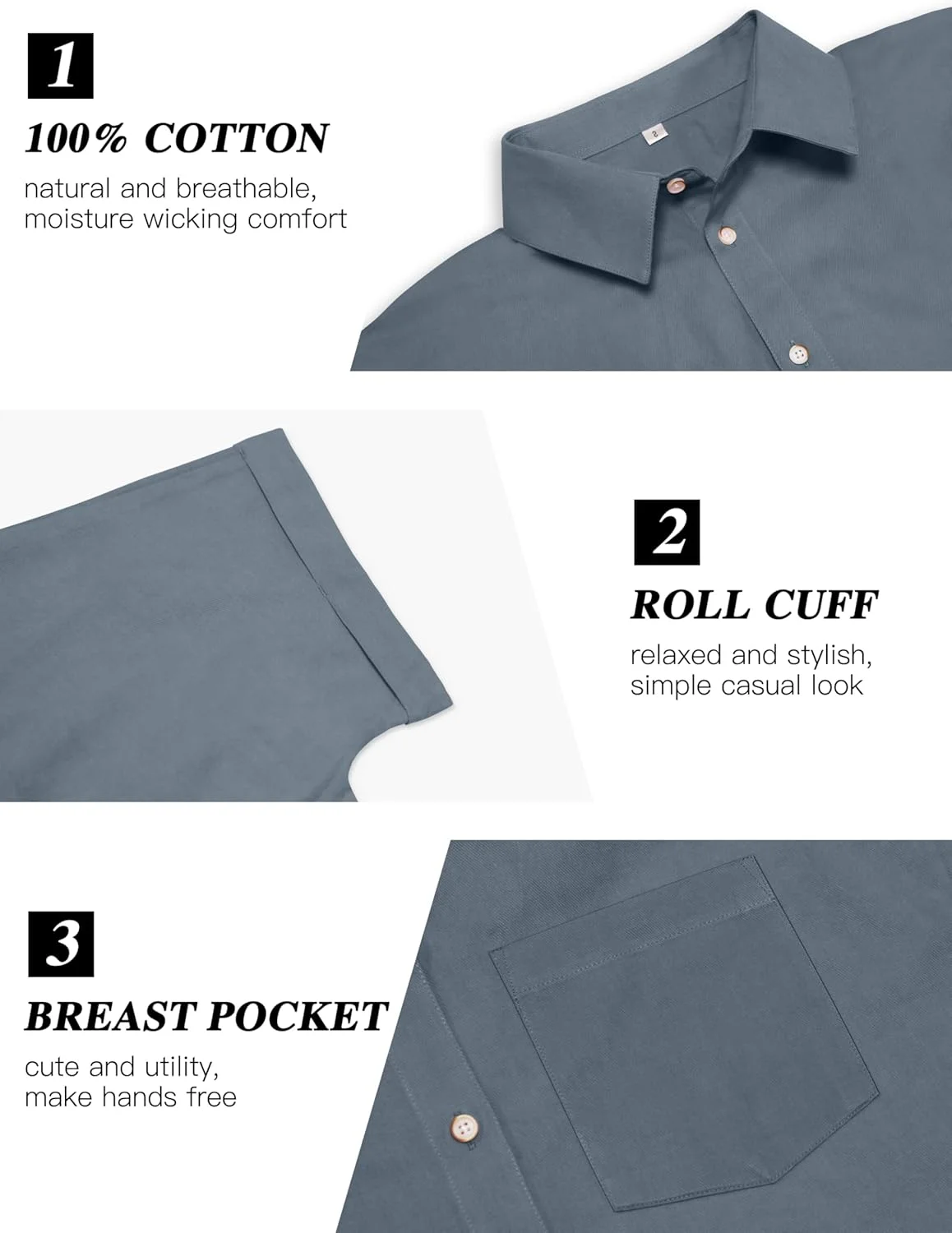 پیراهن آستین کوتاه زنانه CUNLIN، 100% پنبه، دکمه دار، بلوز زنانه، تاپ های غیر رسمی تابستانی با جیب، آبی خاکستری