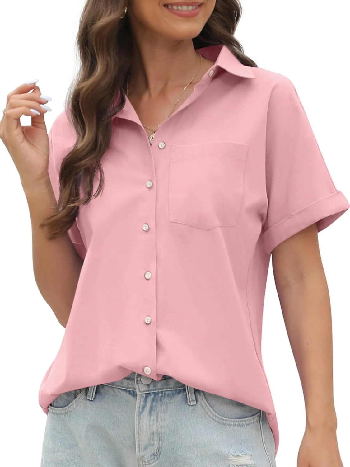 پیراهن آستین کوتاه زنانه CUNLIN، 100% پنبه، دکمه دار، بلوز زنانه، تاپ های غیر رسمی تابستانی با جیب