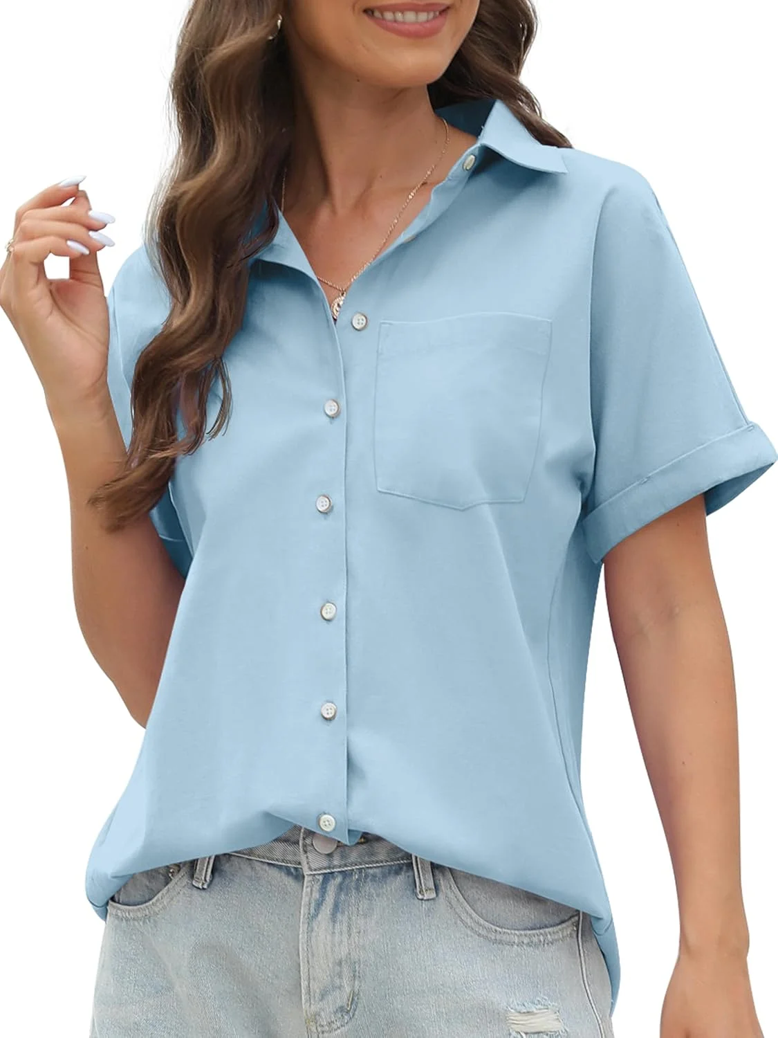 CUNLIN پیراهن آستین کوتاه 100% پنبه زنانه دکمه دار، بلوزهای زنانه تاپ های تابستانی غیر رسمی با جیب، آبی روشن