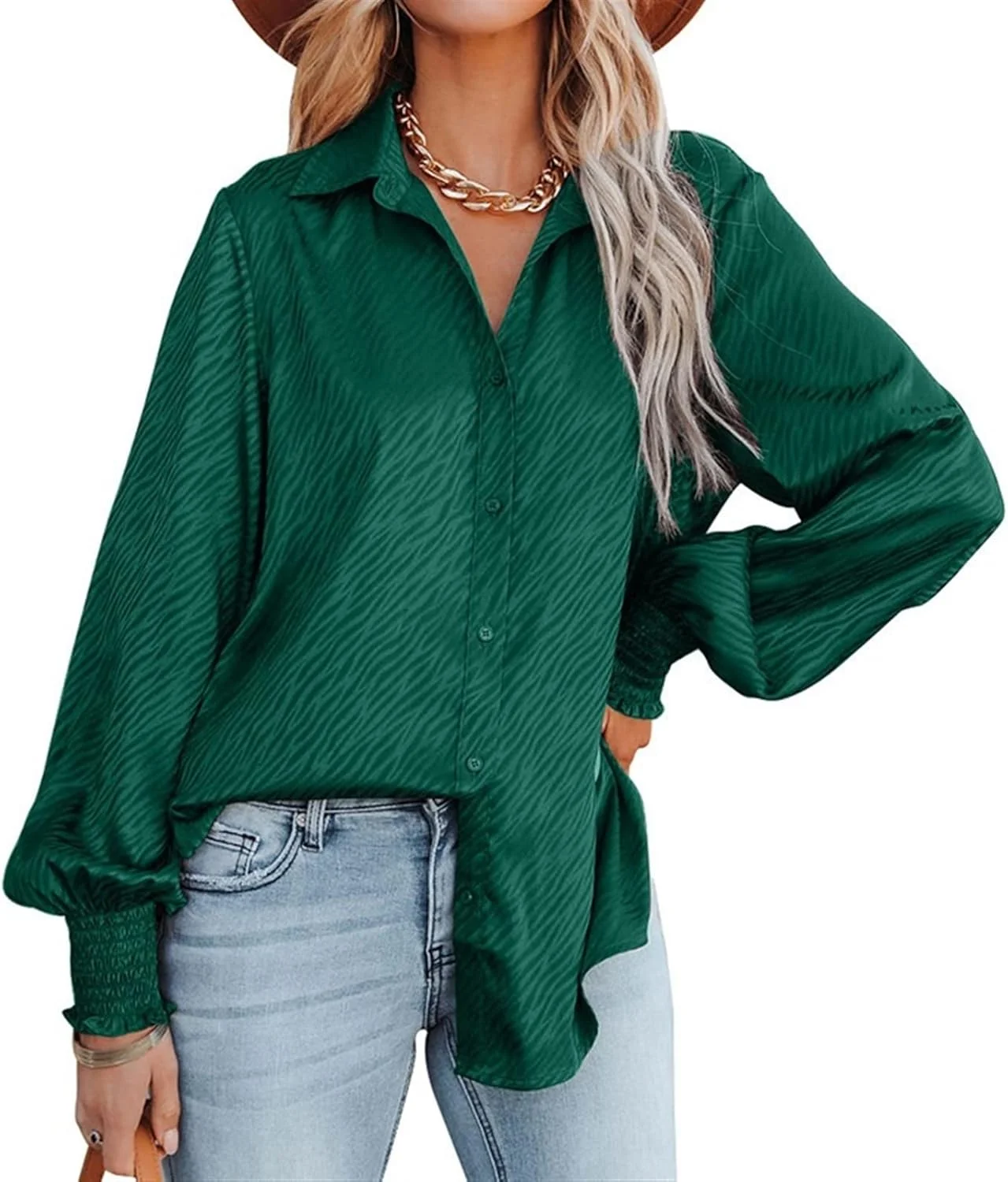 پیراهن آستین بلند زنانه CSBL، پیراهن دکمه دار ساتن ترند زنانه، آستین بلند قابل جمع شدن، یقه برگردان، یقه هفت، گشاد، غیر رسمی، مناسب کار، بهاره و تابستانه، مدل بلوز تاپ 2023 (رنگ: سبز، سایز: S)