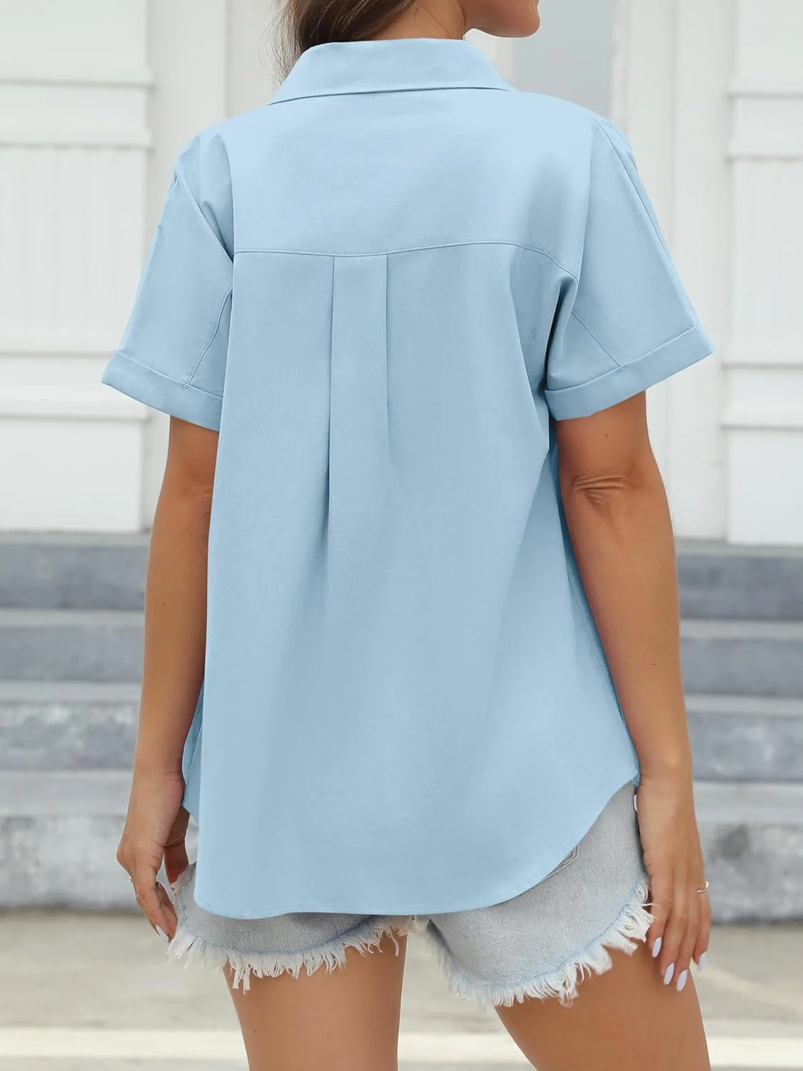 CUNLIN پیراهن آستین کوتاه 100% پنبه زنانه دکمه دار، بلوزهای زنانه تاپ های تابستانی غیر رسمی با جیب، آبی روشن