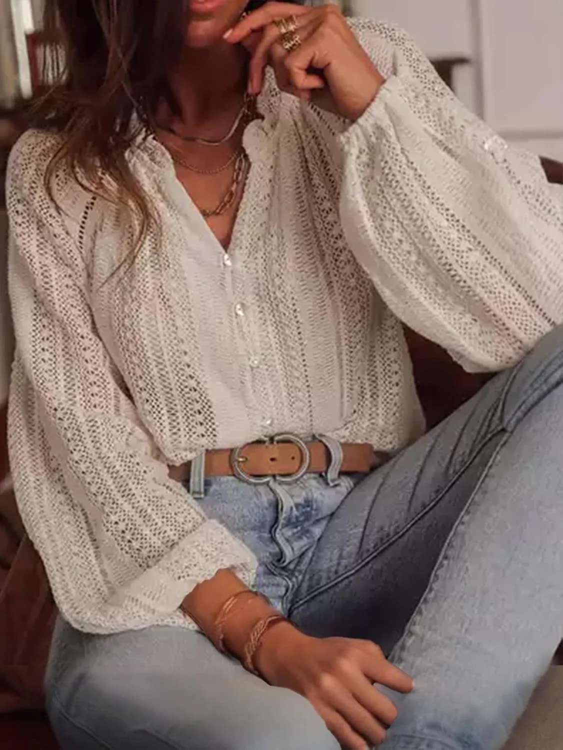 بلوز زنانه یقه هفت بافتنی، پیراهن آستین پفی دکمه دار غیر رسمی، بلوز شیک و تنفسی