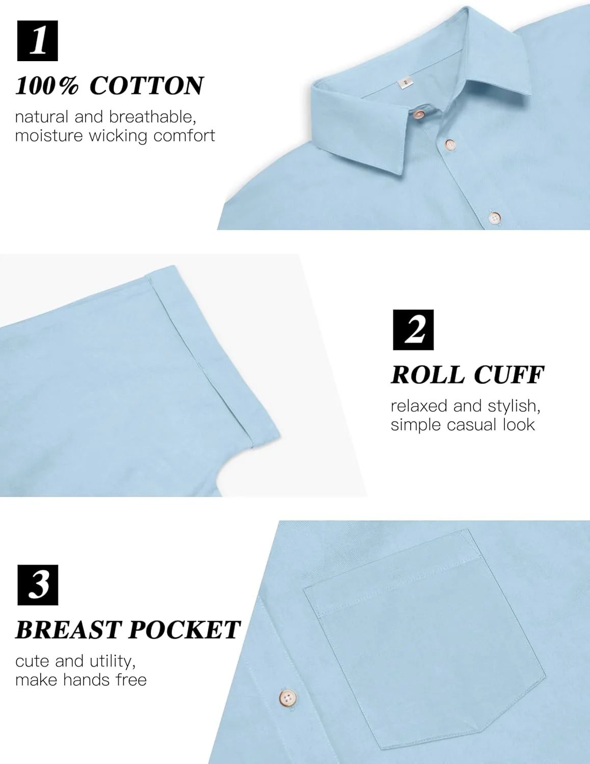 CUNLIN پیراهن آستین کوتاه 100% پنبه زنانه دکمه دار، بلوزهای زنانه تاپ های تابستانی غیر رسمی با جیب، آبی روشن