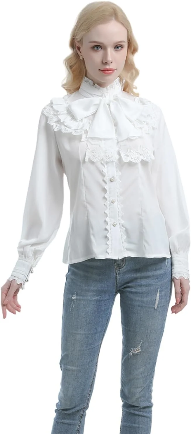 CR ROLECOS بلوز زنانه ویکتوریایی آستین بلند، بلوز گوتیک، پیراهن قرون وسطایی وینتیج، تاپ دکمه دار توری چین دار