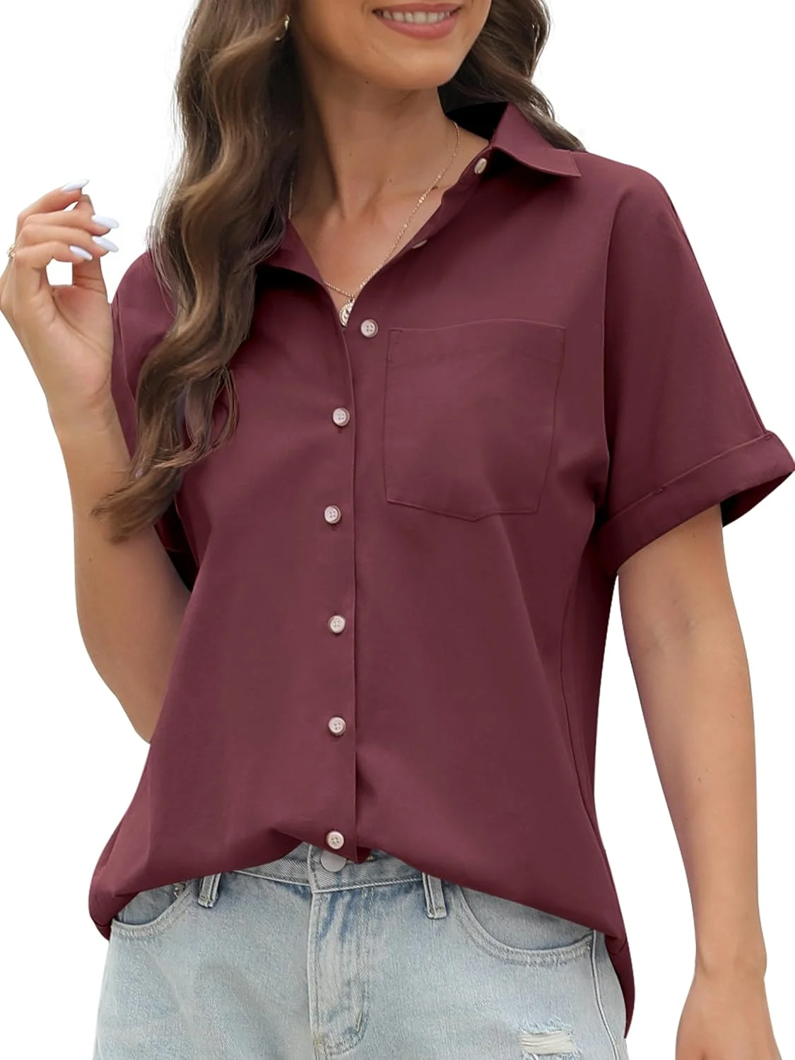 پیراهن آستین کوتاه زنانه CUNLIN، 100% پنبه، دکمه دار، بلوز زنانه، تاپ های تابستانی غیر رسمی با جیب، رنگ قرمز شرابی