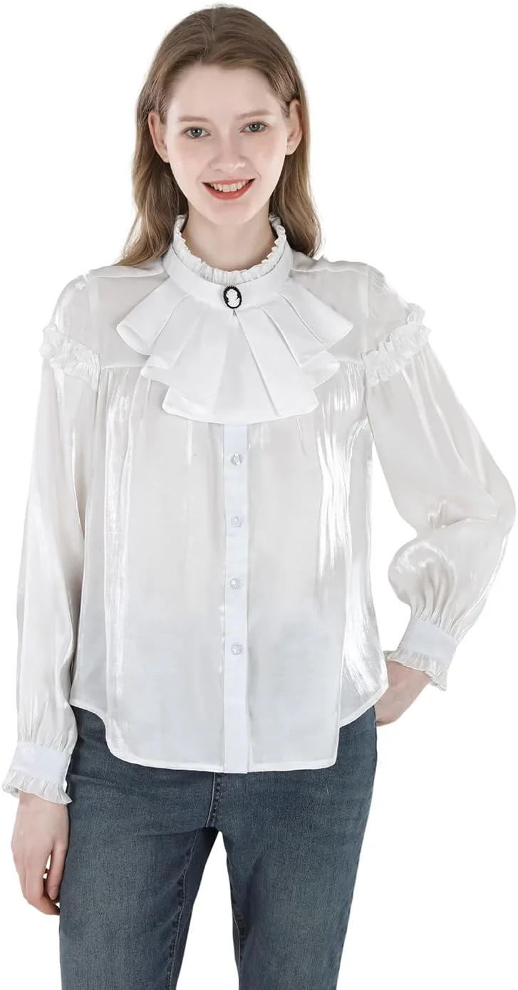 CR ROLECOS بلوز زنانه ویکتوریایی، پیراهن دکمه دار ادواردین، آستین بلند، تاپ های بلوز قدیمی