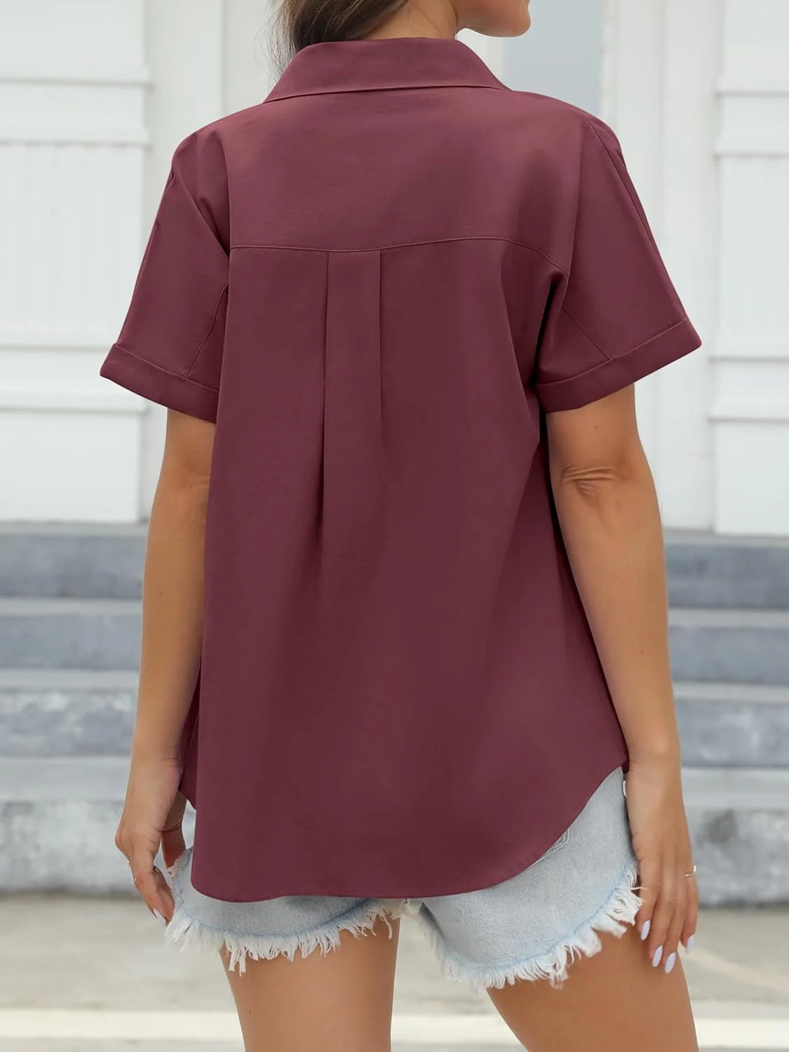 پیراهن آستین کوتاه زنانه CUNLIN، 100% پنبه، دکمه دار، بلوز زنانه، تاپ های تابستانی غیر رسمی با جیب، رنگ قرمز شرابی