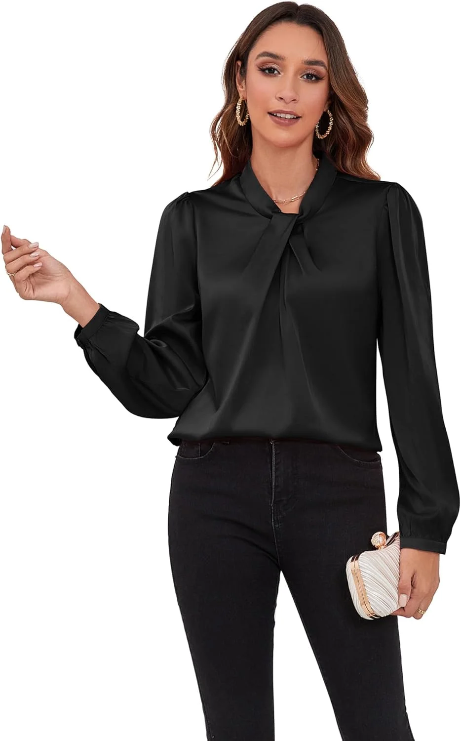 بلوز زنانه ساتن ابریشمی COUXILY، پیراهن های شیک و مجلسی برای کار، یقه ایستاده، آستین بلند، مدل پیچ جلویی، مناسب برای محیط کار