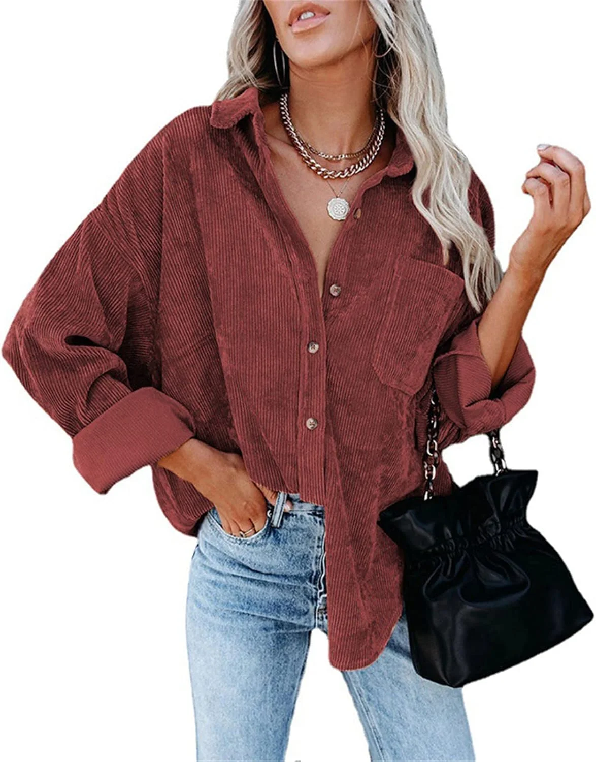 پیراهن زنانه مخمل کبریتی، بلوز آستین بلند دکمه دار مدل Boyfriend، تاپ، پیراهن آستین بلند یقه هفت زنانه، بلوز دکمه دار قدیمی زنانه با جیب روی سینه