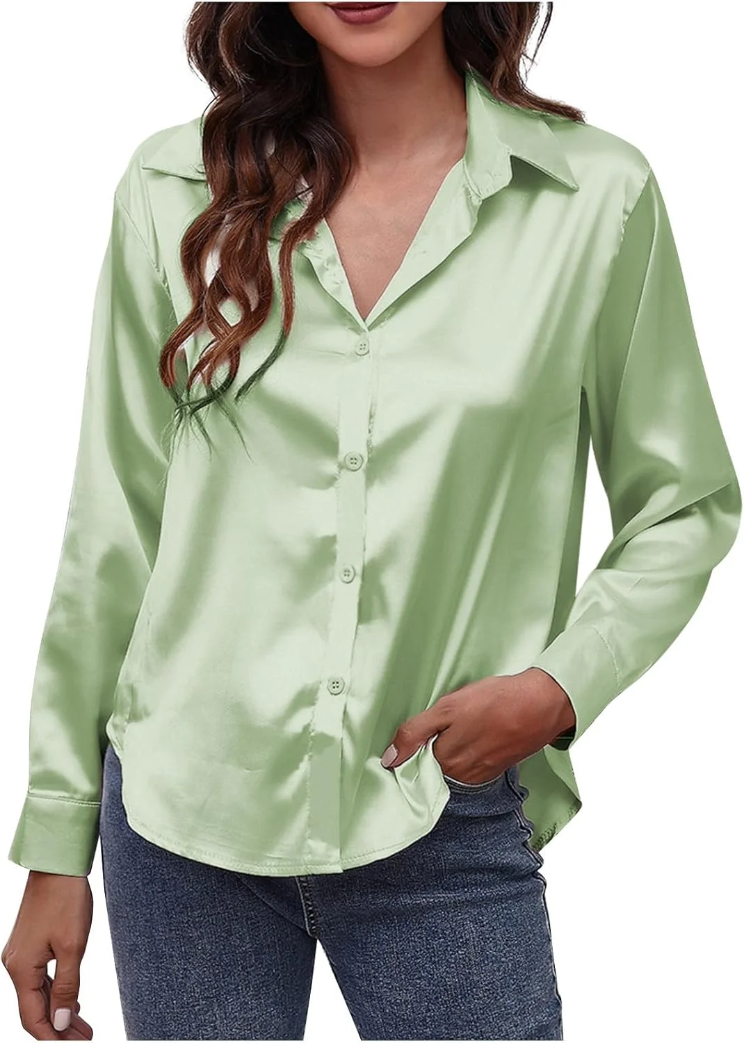 پیراهن ابریشمی ساتن زنانه، بلوز کار راحت، آستین بلند، تی شرت دکمه دار، تاپ پیراهن ابریشمی نرم و سبک