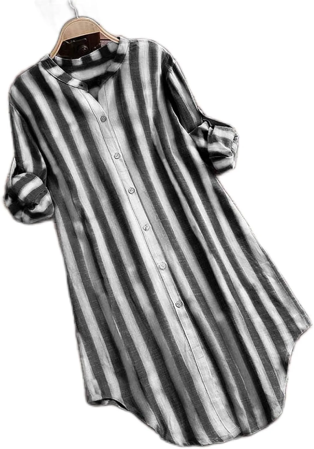 بلوز زنانه نخی راه راه، تاپ زنانه، بلوز تونیک سایز بزرگ، پیراهن دکمه دار زنانه، بلوز زنانه 1 عدد