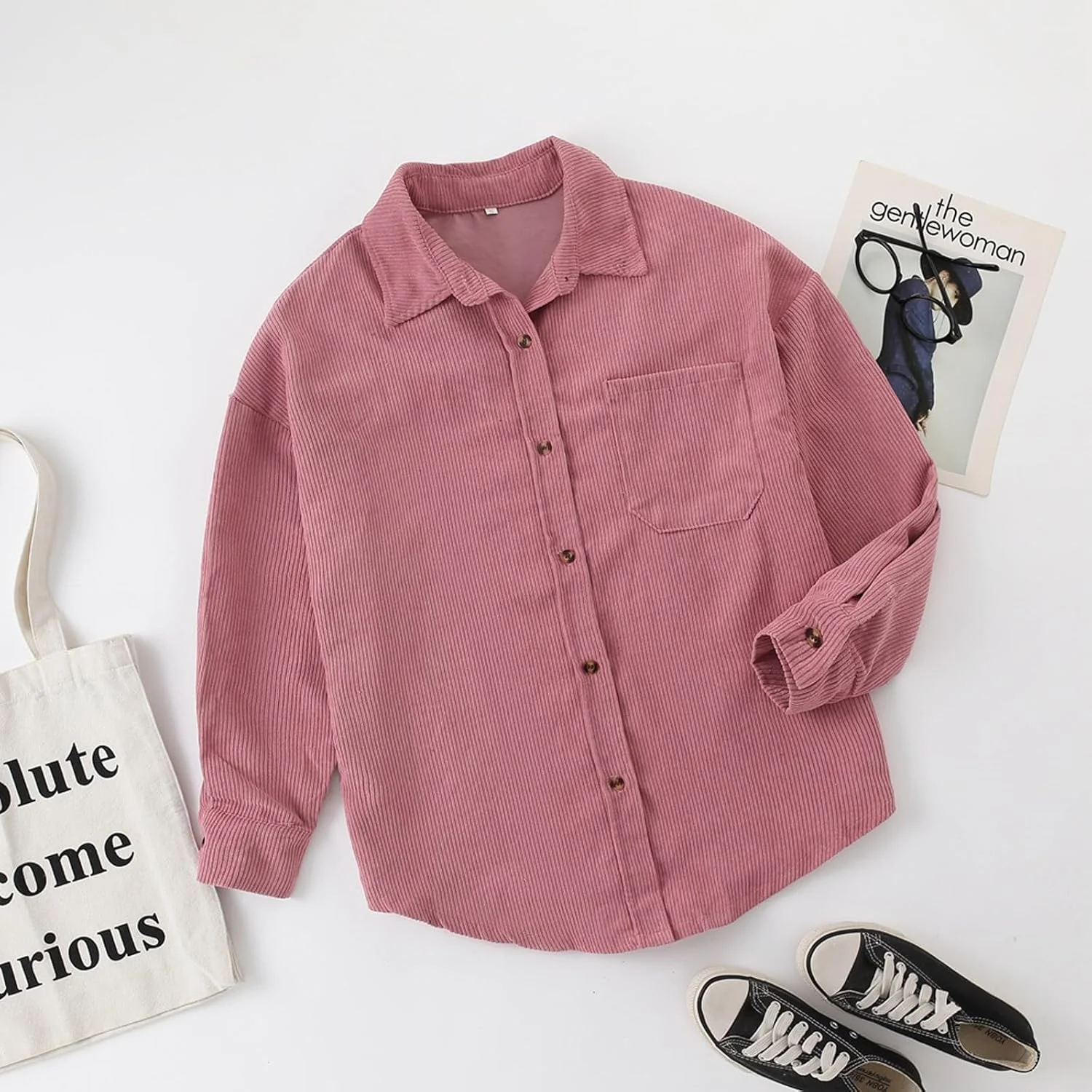 پیراهن زنانه مخمل کبریتی، بلوز آستین بلند دکمه دار مدل Boyfriend، تاپ، پیراهن آستین بلند یقه هفت زنانه، بلوز دکمه دار قدیمی زنانه با جیب روی سینه