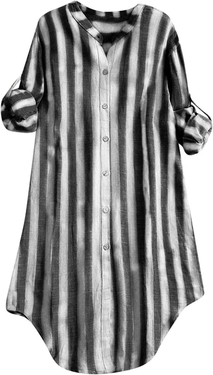 بلوز زنانه نخی راه راه، تاپ زنانه، بلوز تونیک سایز بزرگ، پیراهن دکمه دار زنانه، بلوز زنانه 1 عدد