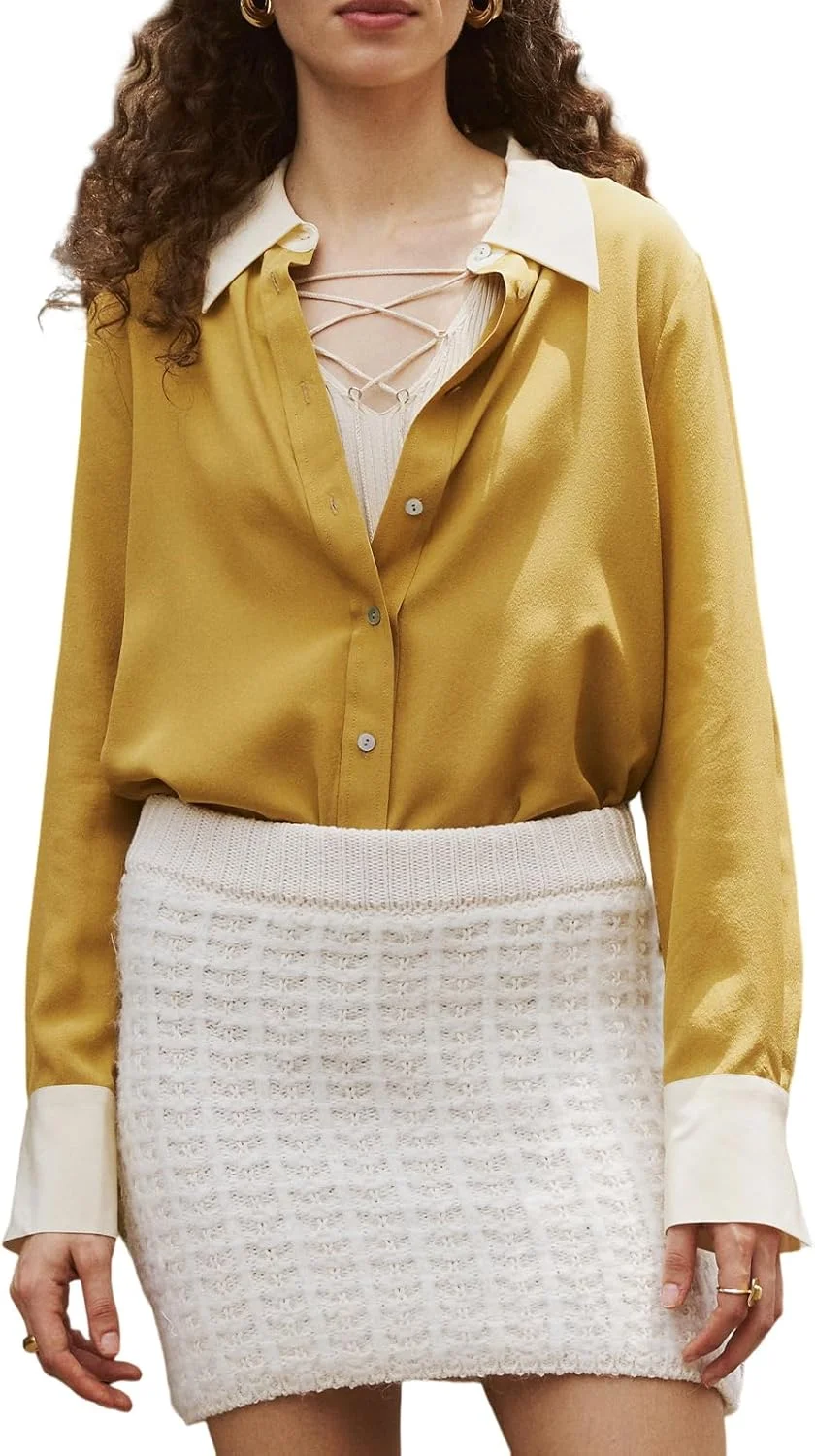 COLD POSH بلوز ابریشمی زنانه: بلوز آستین بلند زنانه یقه هفت دکمه دار لوکس و لطیف، تاپ های ابریشم توت فرنگی مناسب استفاده روزمره