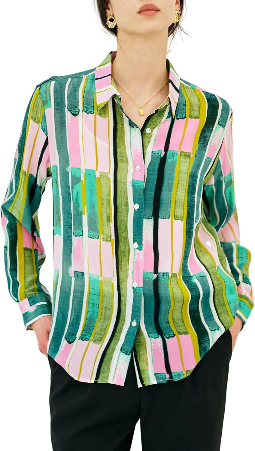 بلوز ابریشمی 100% خالص زنانه COLD POSH: بلوز دکمه دار ساتن ابریشمی زنانه، مدل آزاد، تاپ های شیک و غیر رسمی، آستین بلند