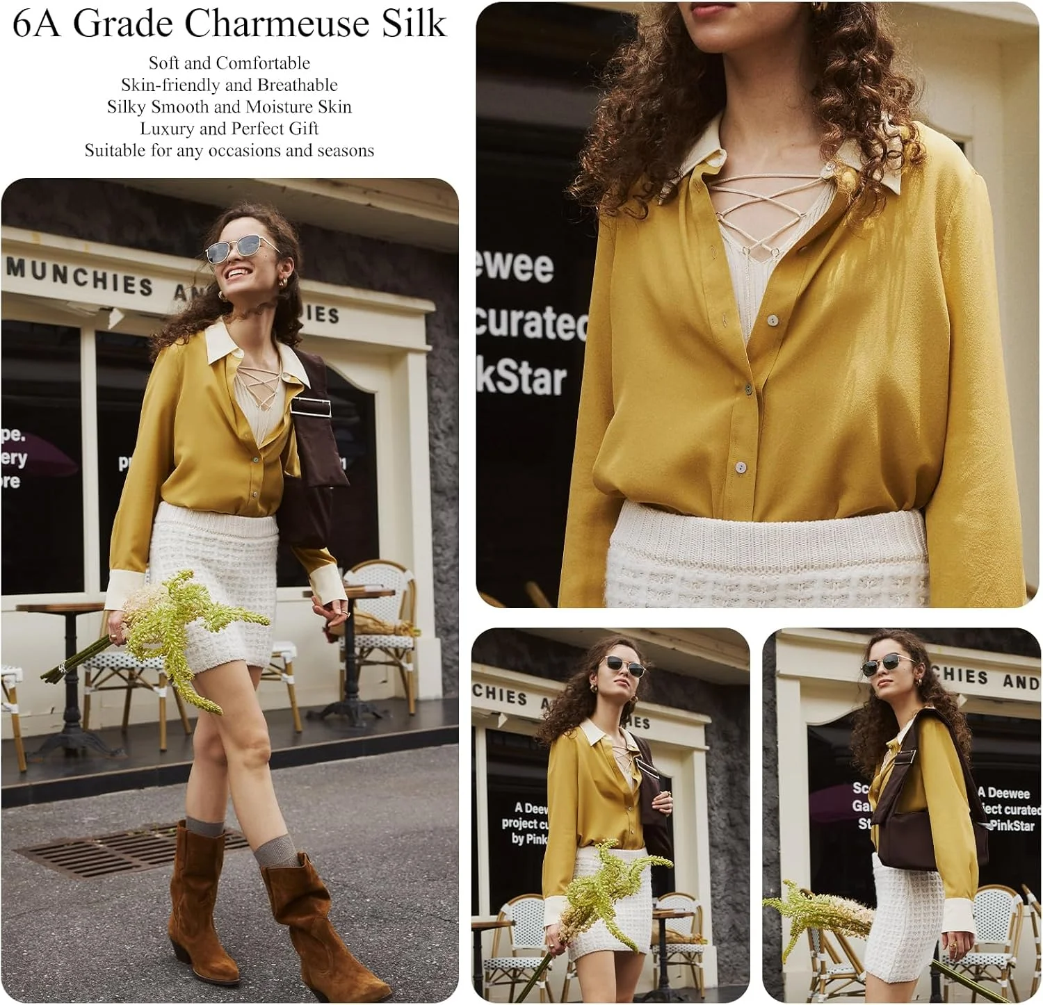 COLD POSH بلوز ابریشمی زنانه: بلوز آستین بلند زنانه یقه هفت دکمه دار لوکس و لطیف، تاپ های ابریشم توت فرنگی مناسب استفاده روزمره