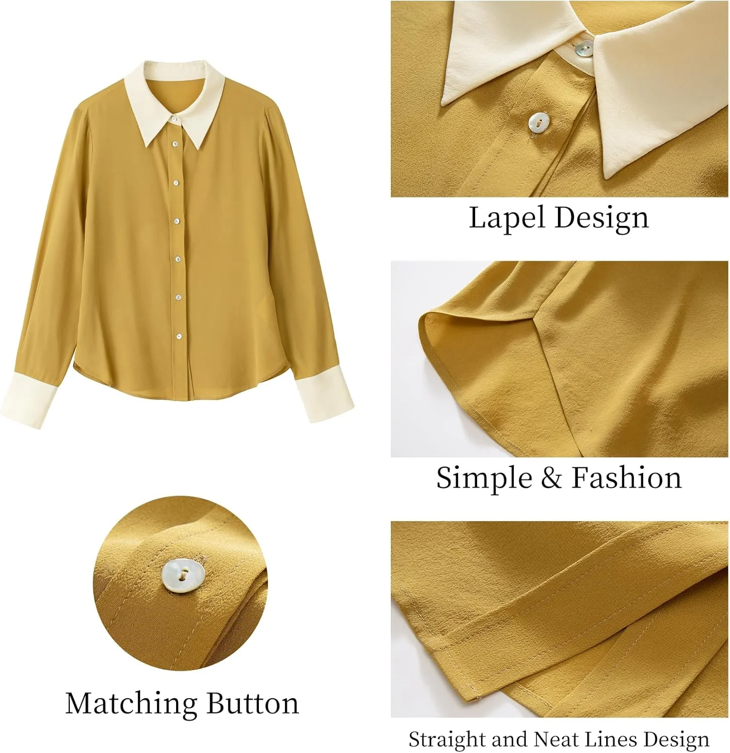 COLD POSH بلوز ابریشمی زنانه: بلوز آستین بلند زنانه یقه هفت دکمه دار لوکس و لطیف، تاپ های ابریشم توت فرنگی مناسب استفاده روزمره