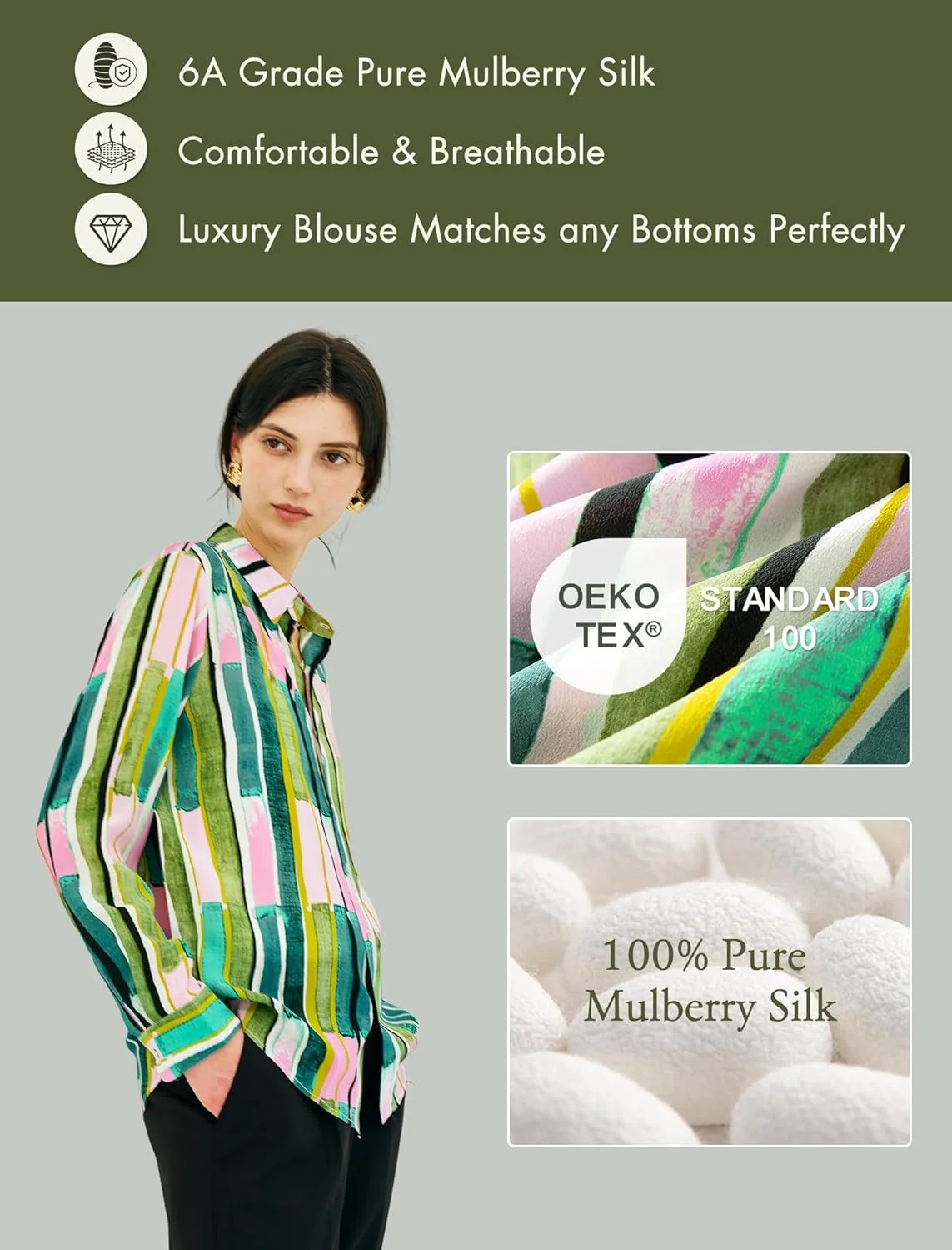 بلوز ابریشمی 100% خالص زنانه COLD POSH: بلوز دکمه دار ساتن ابریشمی زنانه، مدل آزاد، تاپ های شیک و غیر رسمی، آستین بلند