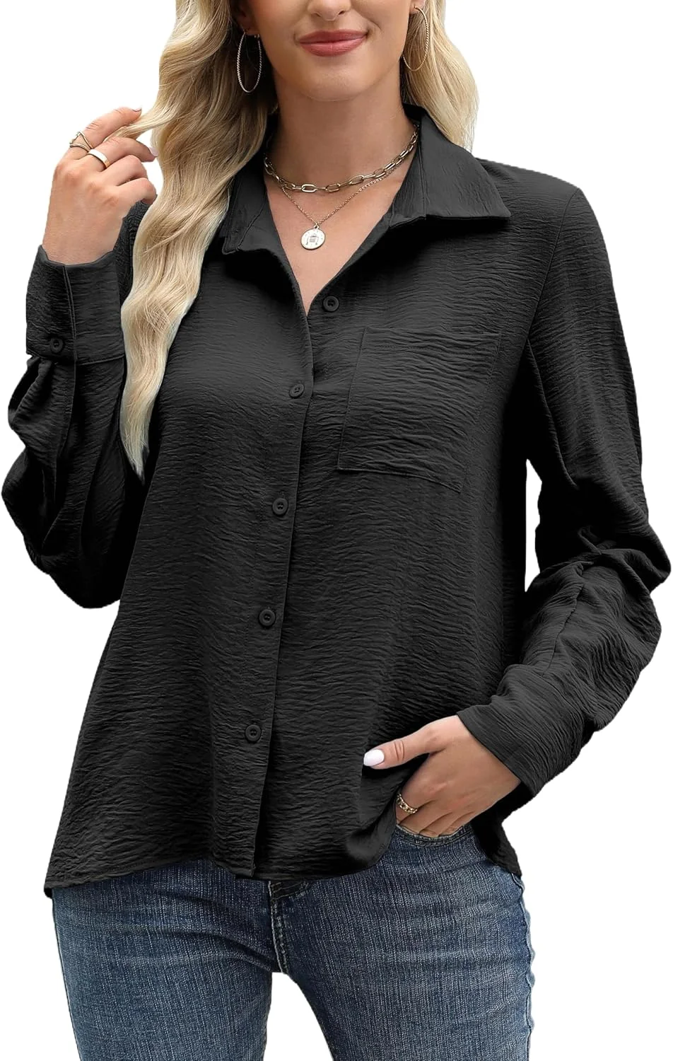 Cnlinkco بلوز زنانه دکمه دار آستین بلند، مناسب برای محیط کار، مهمانی و استفاده روزمره، به همراه جیب