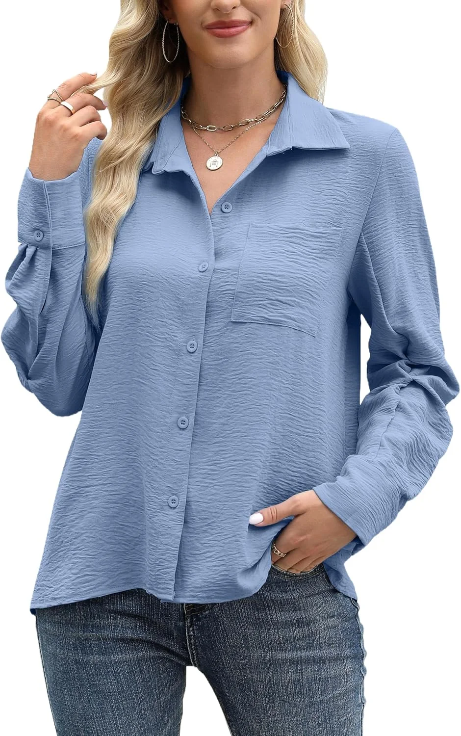 Cnlinkco بلوز زنانه دکمه دار آستین بلند مناسب پاییز با جیب، سایز بزرگ، مناسب مهمانی و استفاده روزمره