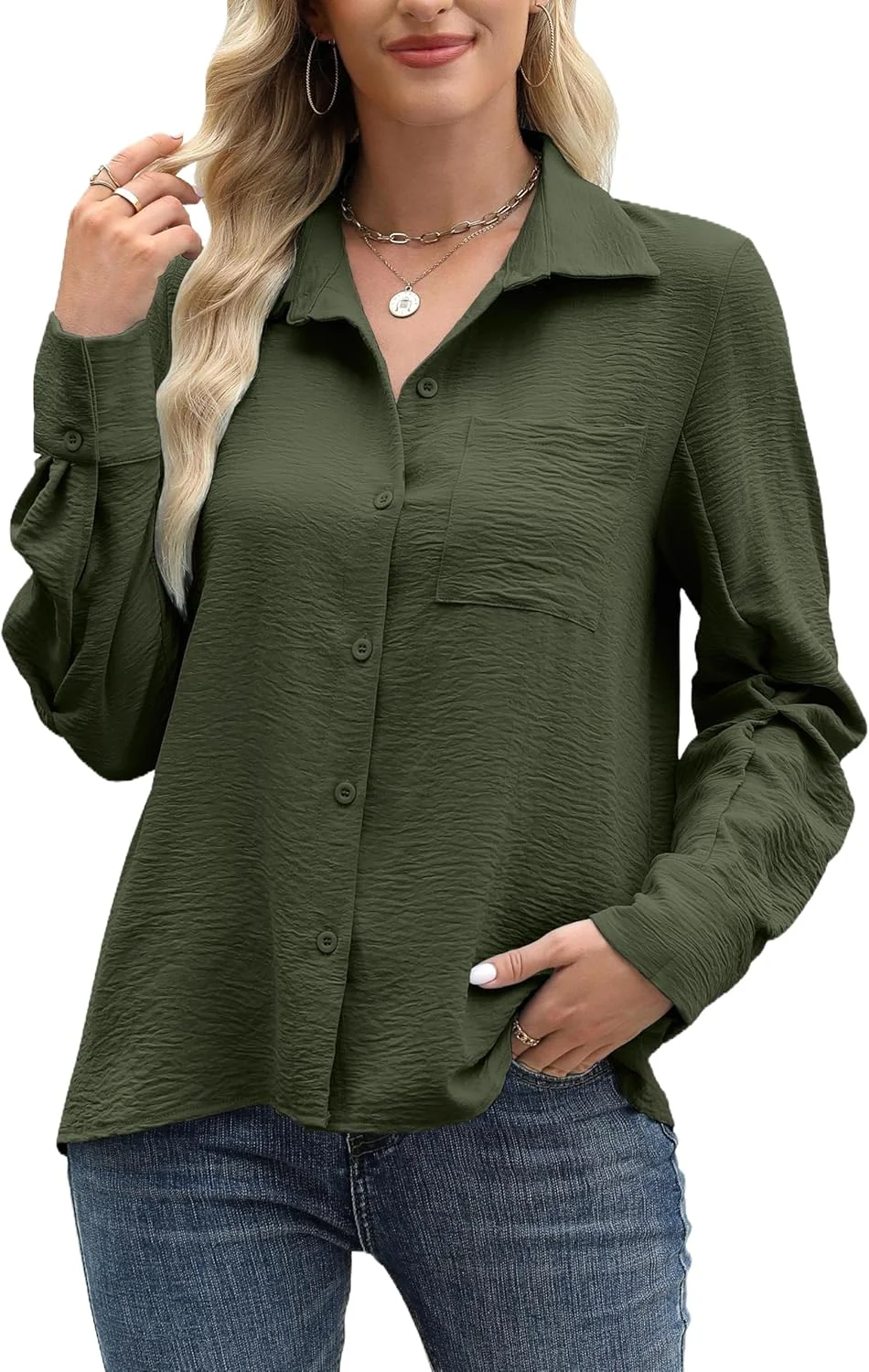 Cnlinkco بلوز زنانه دکمه دار آستین بلند مناسب پاییز با جیب، مناسب استفاده روزمره و مهمانی