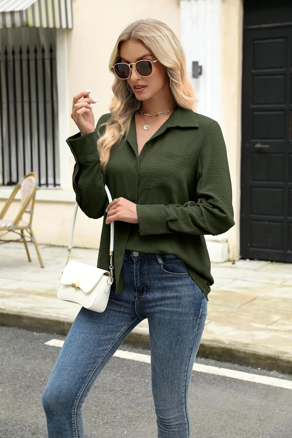 Cnlinkco بلوز زنانه دکمه دار آستین بلند مناسب پاییز با جیب، مناسب استفاده روزمره و مهمانی