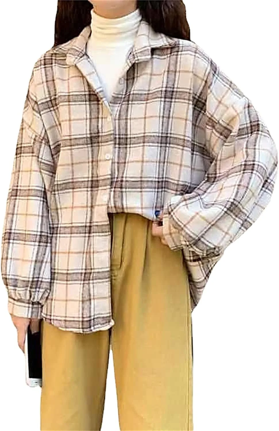 پیراهن چهارخانه آستین بلند زنانه، بلوز دکمه دار یقه برگردان کلاسیک، لباس بیرونی غیر رسمی و قدیمی مناسب پاییز و زمستان