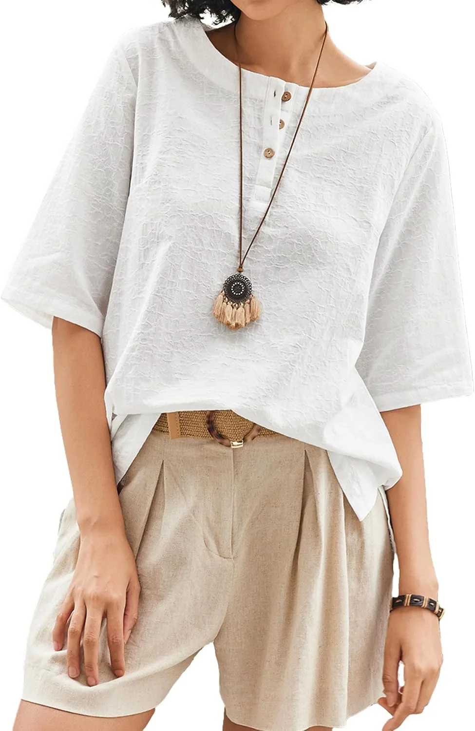 تاپ های کتان زنانه Cnlinkco آستین سه ربع یقه گرد پیراهن های نخی بلوز بوهو ژاکارد غیر رسمی