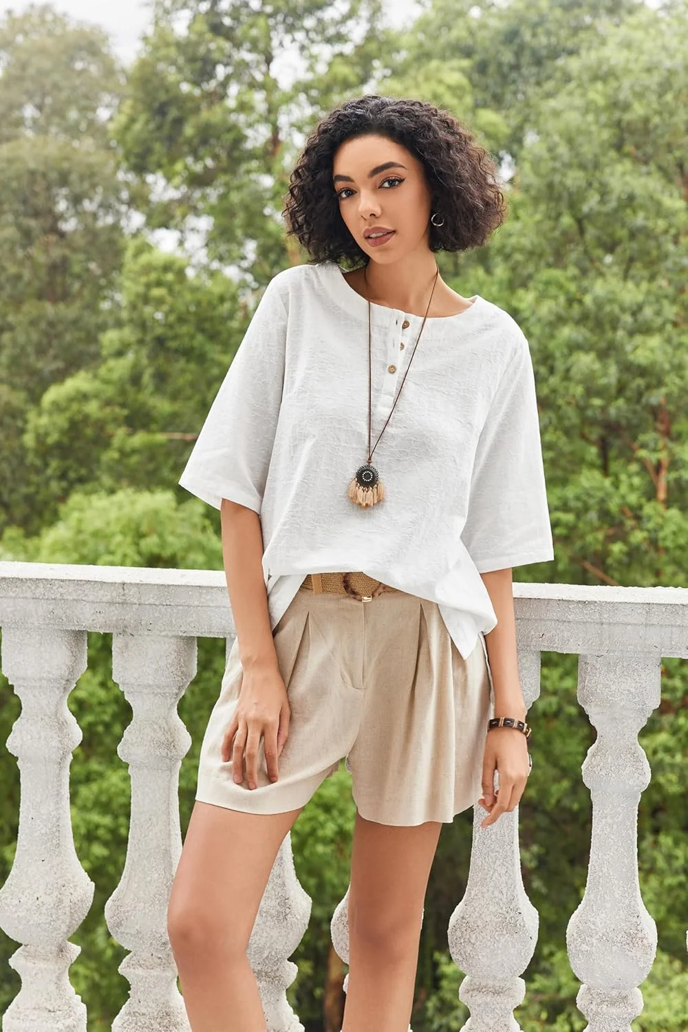 تاپ های کتان زنانه Cnlinkco آستین سه ربع یقه گرد پیراهن های نخی بلوز بوهو ژاکارد غیر رسمی