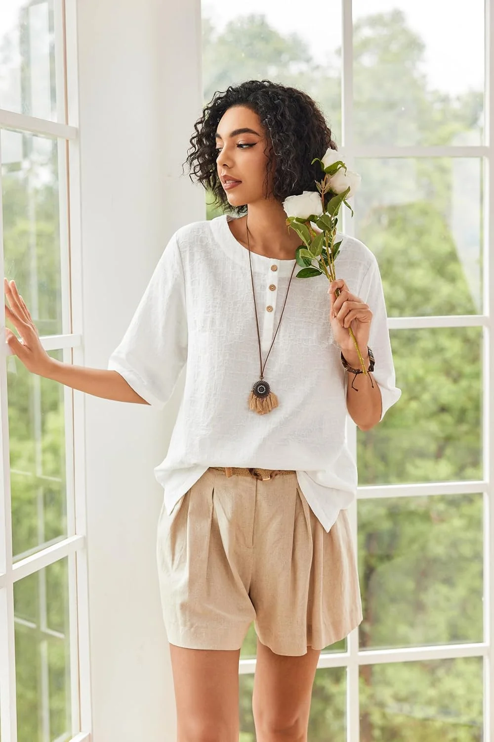 تاپ های کتان زنانه Cnlinkco آستین سه ربع یقه گرد پیراهن های نخی بلوز بوهو ژاکارد غیر رسمی