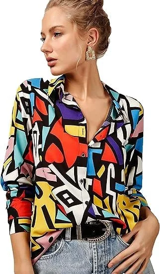 Cnlinkco تاپ های زنانه غیر رسمی تجاری، بلوزهای طرح دار آستین بلند زیبا، پیراهن های دکمه دار مد روز